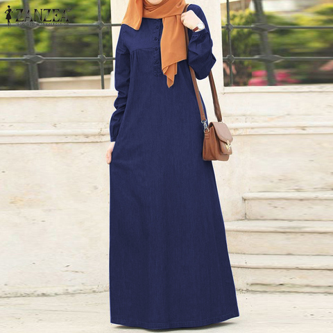 ZANZEA Women Long Sleeve Solid Maxi Sundress Vintage Autumn Denim Blue Dress Casual Buttons Kaftan Vestido Muslim Dress Robe 5XL ► Photo 1/6