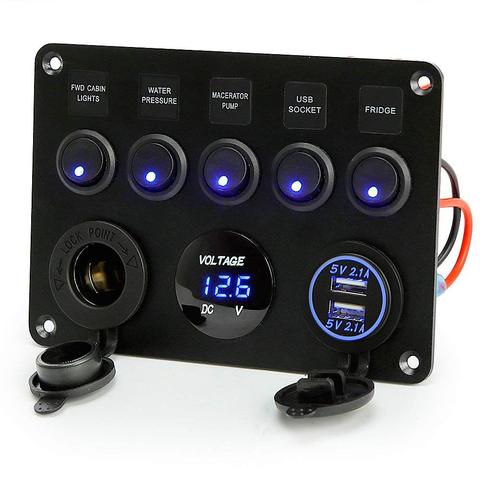 Boat Switch Panel Car Switch Panel Waterproof Dual USB Port Digital Voltmeter  12V Outlet Combination 5 Gang Marine LED Rocker ► Photo 1/6