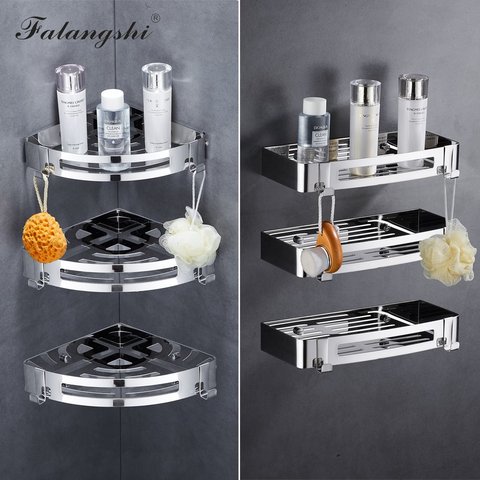 Falangshi High Quality 304 Stainless Steel Triangular Rack Bathroom Storage for Shampoo Cosmetic Basket Shelf With Hooks WB8006 ► Photo 1/6