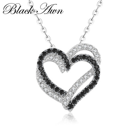 Silver Necklace Fine Genuine 100% 925 Sterling Silver Necklace Women Jewelry Heart Black&White Stone Pendants P107 ► Photo 1/6