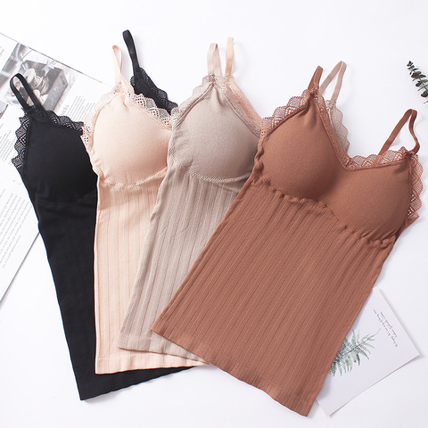 Lace Tank Tops Women Winter Thermal Underwear Plus Size Female Bottoming Camis Top Underwear Sleeveless Padded Camisole Femme ► Photo 1/6