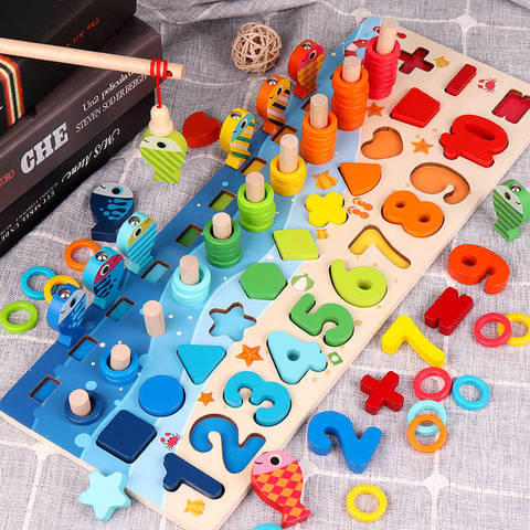 3D Preschool children educational toys wooden Montessori arithmetic magnetic fishing digital shape matching building block toys ► Photo 1/6