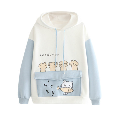 2022 Women's Harajuku Cartoon Cat Fish Hoodies Sweatshirts Cotton Velvet Hooded Sweatshirt with ears on hood Pullovers Pocket ► Photo 1/6