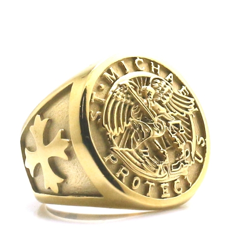 Newest Unisex Cross Saint Michael Protect US 316L Stainless Steel Gold-Color Ring ► Photo 1/6