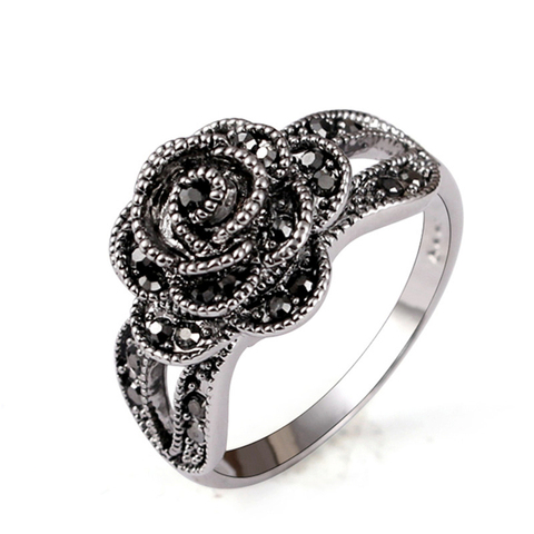 Rhinestone Black Flower Finger Ring For Women Brand Jewelry Vintage Style Size 7-9 ► Photo 1/6