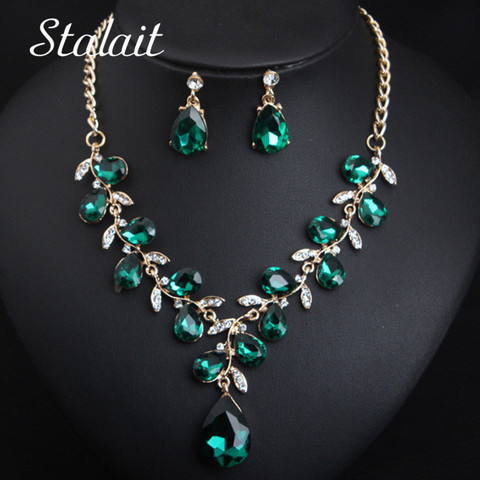 Leaf Jewelry Sets Bridal Gold Color Necklace Earrings Green Water Drop Crystal For Women Fashion Jewelry Set Accessories ► Photo 1/6