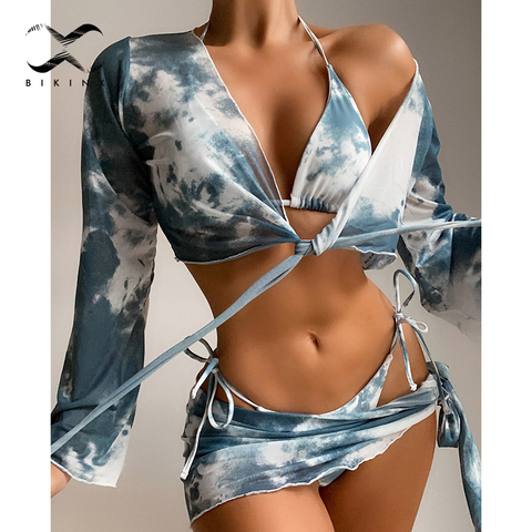 Sexy 4-piece mesh swimsuit women Tie dye bikini Long sleeve swimwear String low waist bathing suit Beach wear Swimming Swim suit ► Photo 1/5