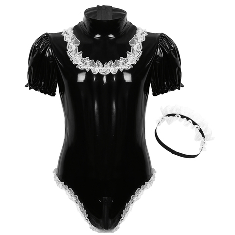 Sexy Fashion Mens Male Adults Sissy Maid Cosplay Costume Wet Look Patent Leather High Neck Short Puff Sleeve Leotard Bodysuit ► Photo 1/6