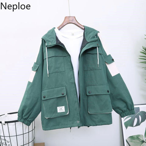 Neploe Contrast Color Hooded Cargo Jacket 2022 Autumn New Zipper Coat Women Long Sleeve Safari Style Jackets Outerwear 56003 ► Photo 1/6