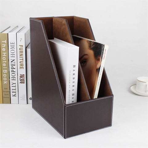 2-grid a4 wooden leather office desktop file book magazine stand rack holder table document filing box organizer brown ► Photo 1/5