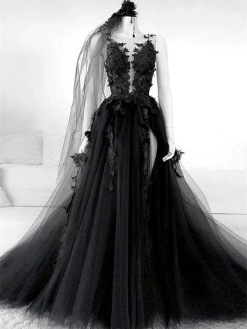 Gothic Black Wedding Dresses Sexy Backless High Side Split A-line Bridal Dress Lace Wedding Gowns With Veil Vestido De Novia ► Photo 1/4