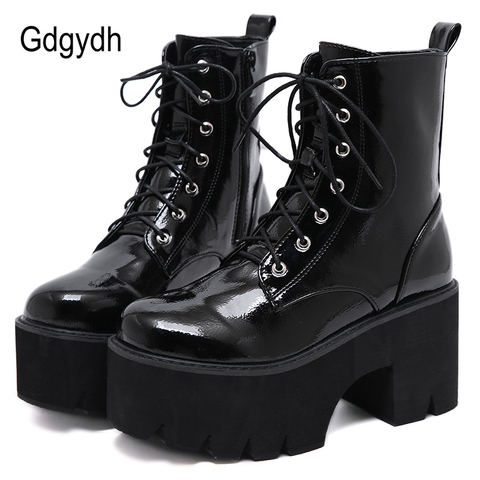 Gdgydh Woman Lace Autumn Boots Womens Ladies Chunky Wedge Platform Black Patent Leather Ankle Boots Punk Goth New Arrival 2022 ► Photo 1/6