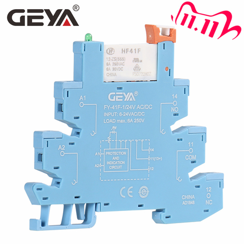 GEYA FY-41F-1 Din Rail Slim Relay Module Protection Circuit 6A Relay 12VDC/AC or 24VDC/AC Relay Socket 6.2mm thickness ► Photo 1/6