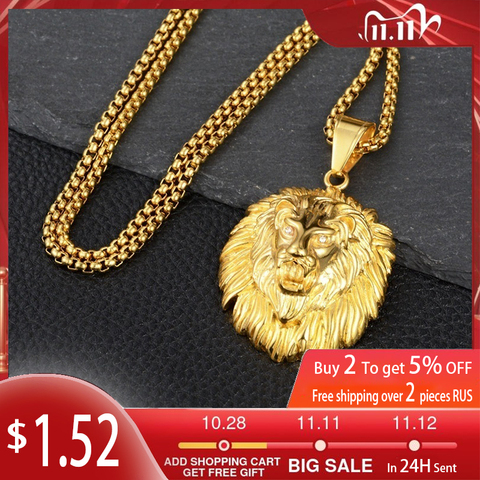 Trendy Animal Long Hair Lion Head Shape Pendant Necklace Men's Necklace Crystal Inlaid Metal Sliding Pendant Accessories Jewelry ► Photo 1/6