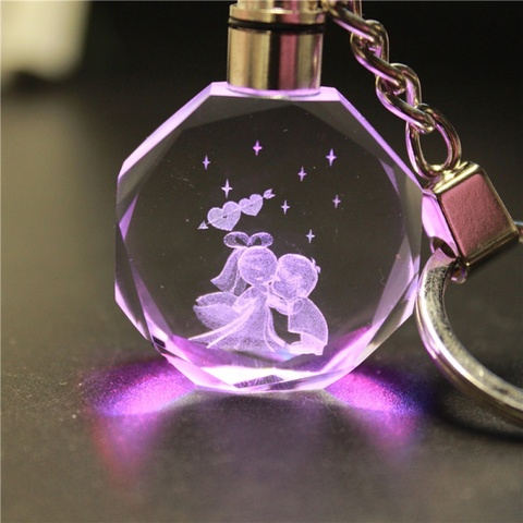 LED Crystal Key Chain Laser Engraved Changeable Colorful Key Ring Valentine's Day Gift Keychain for Couple Trinket ► Photo 1/6