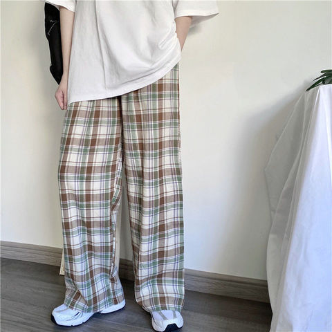 Wide Leg Pants Women Fashion Plaid Ulzzang Loose High Waist Leisure ...