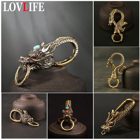 Vintage Brass Keychain Pure Copper Beast Dragon Lucky Key Holder DIY Keyring Accessories Luxury Brand EDC Carabiner Tool Gifts ► Photo 1/6