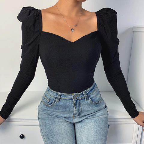 Elegant Square Collar Women Autumn Shirts Solid Color Puff Sleeve Slim Blouses Tops Sexy V-neck Long Sleeve Shirt ► Photo 1/6