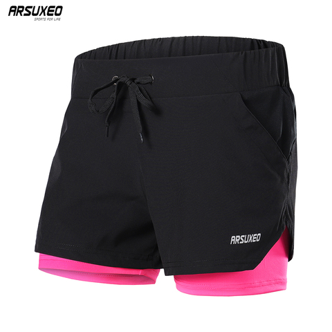 ARSUXEO 2022 Running Shorts Women's 2 in 1 Elastic Waist Gym Jogging Fitness Sports Short Female Reflective Breathable B1103 ► Photo 1/6