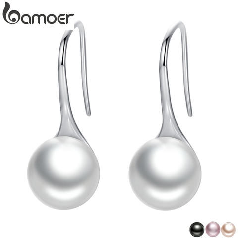 [Coupon $15 OFF $3] BAMOER 925 Sterling Silver Elegant Round Pure Love Pearl Drop Earrings Women Jewelry White Pink SCE037 ► Photo 1/5