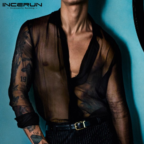 INCERUN Men Solid Color Long Sleeve Lapel Shirt Fashion Breathable Thin Button Mens Clubwear Party Casual Sexy Blouse Streetwear ► Photo 1/6