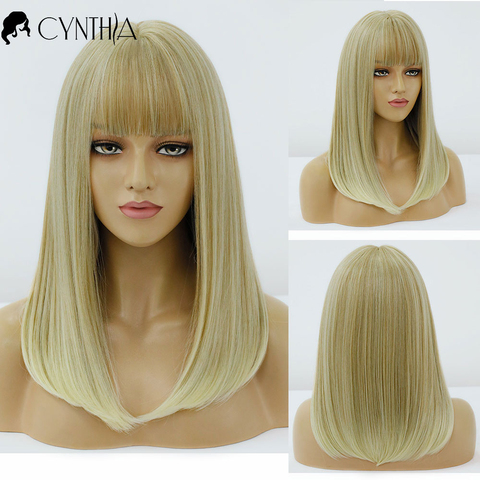 Blonde Ombre Long Straight Gold Synthetic Wig With Bangs For Black White Women Heat Resistant Fiber Daily Hair Cosplay Wigs ► Photo 1/6