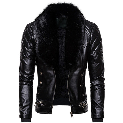 2022 New Design Motorcycle Bomber Add Wool Leather Jacket Men Autumn Turn Down Fur Collar Removable Slim Fit Male Warm Pu Coats ► Photo 1/6