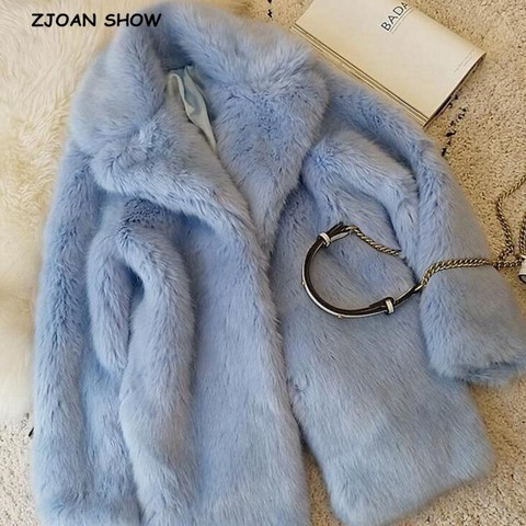 HIGH QUALITY Winter Lapel Hairy Shaggy Faux Fur Jacket Aqua blue Vintage Long sleeve Furry Faux Fur Coat Mid Long Outerwear ► Photo 1/6