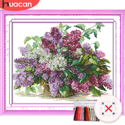 HUACAN Cross Stitch Flower Kits White Canvas DIY Embroidery Lilac Flower Sets Gift Home Decoration Needlework 11CT 14CT ► Photo 1/6