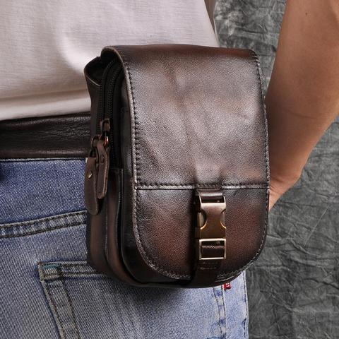 Real Leather Cowhide Retro Men Design Casual Daily Use Small Fanny Waist Belt Bag Hook Pack Fashion 6