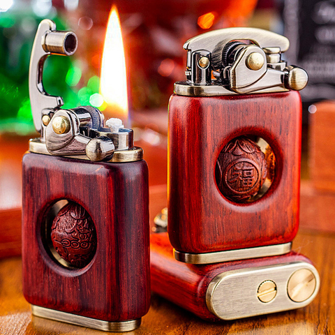 Kerosene lighter rosewood retro solid wood personality creative lighter cigarette cigar igniter pure copper wood high quality ► Photo 1/6