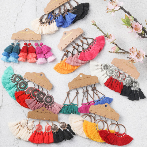 Bohemia Big Tassel Earring Sets Vintage Ethnic Bright Colors Long Fringe Earrings Set for Women Girl Statement Jewelry Gifts ► Photo 1/6