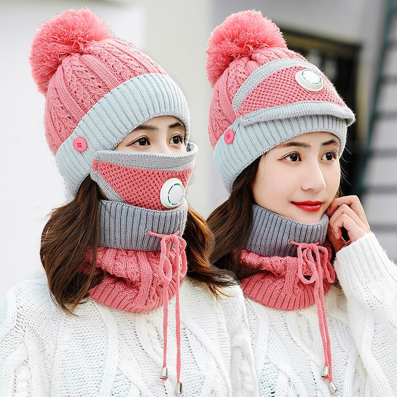 New Windproof Beanies Hat Women Warm Knit Hats Scarf Sets Female Winter Padded Mask Neck Protector 3 PC Set Cycling Wool Caps ► Photo 1/6
