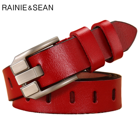 RAINIE SEAN Red Women Belt Pin Buckle Real Leather Belts for Jeans Genuine Leather Cowskin High Quality Solid Ladies Belt 110cm ► Photo 1/6