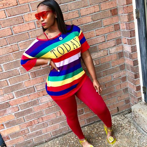 Autumn Fashion Sporting Women set Rainbow Striped Letter Print T-shirt Skinny Pencil Pants Suit Two Piece Set Elegant Tracksuit ► Photo 1/3