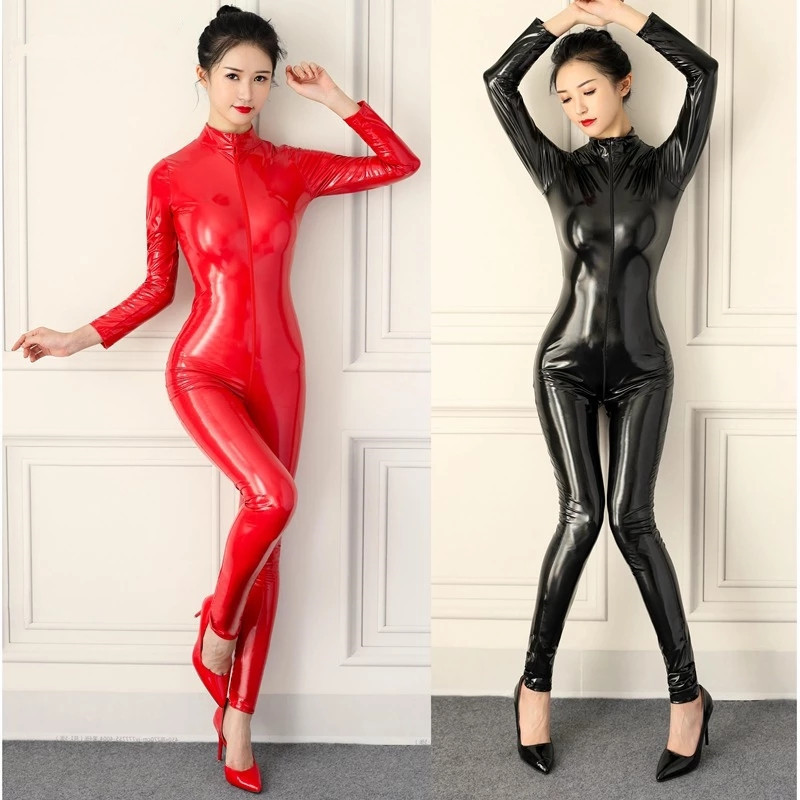 Women WetLook Bodysuit Leather Zipper Crotch Catsuit Jumpsuit Nightclub Costume 
