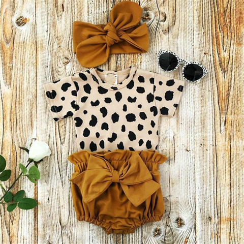 2022 Fashion Newborn Toddler Baby Girls Clothes Sets Leopard Print Short Sleeve Romper Tops Bow Shorts Headband 3pcs Outfit Set ► Photo 1/6