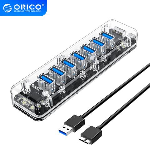 ORICO Transparent Series USB HUB 7 4 Port USB 3.0 Splitter with Dual Micro USB Power Interface Support OTG For Mac/Windows/Linux ► Photo 1/6