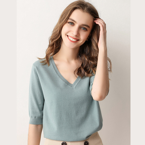 Spring summer new Short sleeve Cashmere sweater women's low collar loose v-neck knit bottoming shirt female pullover tops ► Photo 1/6