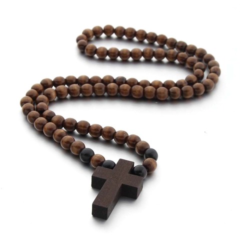 Brown Short Cross Pendant Wooden Beaded Necklaces for Men Woman Rosary Wood Bead Payer Religious Jewelry ► Photo 1/6