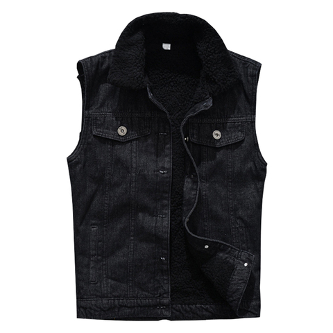 Men's Winter Fleece Warm Denim Vest Black Jean Waistcoat Sleeveless Slim Fit Tank Top ► Photo 1/6