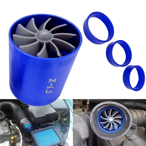 Diameter 65-74mm Car Double Dual Turbo Air Intake Turbine Gas Fuel Saver Fan Turbo Supercharger Turbine for Air Intake Hose Blue ► Photo 1/6