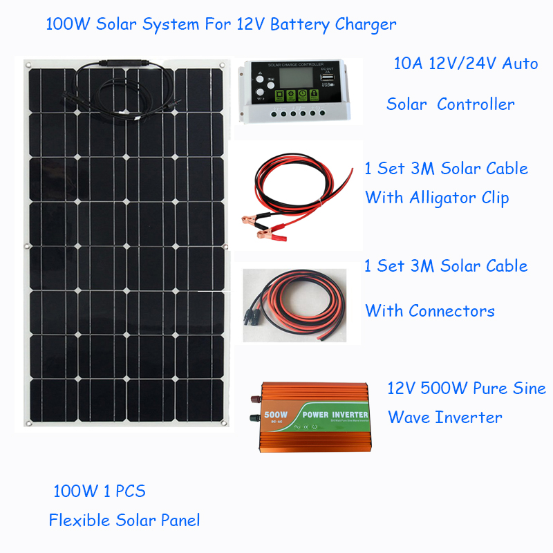 100W Solar Panel Kit Panneau Solaire Flexible Cell For 12V 24V Battery Car  Home