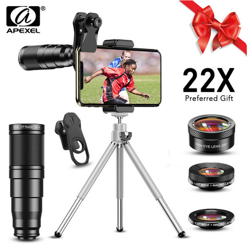 APEXEL Phone Camera Lens kit 4 in 1 Telephoto Zoom 22X Lens Telescope Monocular Wide Macro Fisheye Lens Tripod For Smart Phones ► Photo 1/6