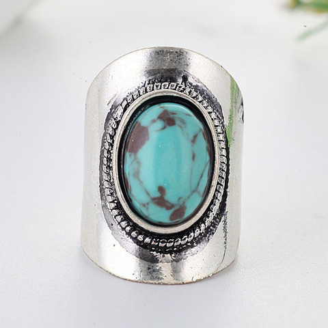 Vintage Tibet Boho Silver Color Green Resin Stone Rings For Women Party Turquoises Antique Big Oval Carved Flower Ring O5X729 ► Photo 1/6