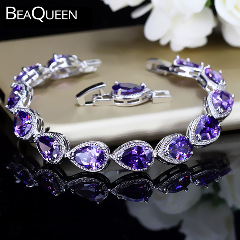 BeaQueen Top Quality CZ Natural Stone Beads Hand Jewelry Pear Cut Purple Austrian Crystal Connected Bracelets for Women B034 ► Photo 1/6