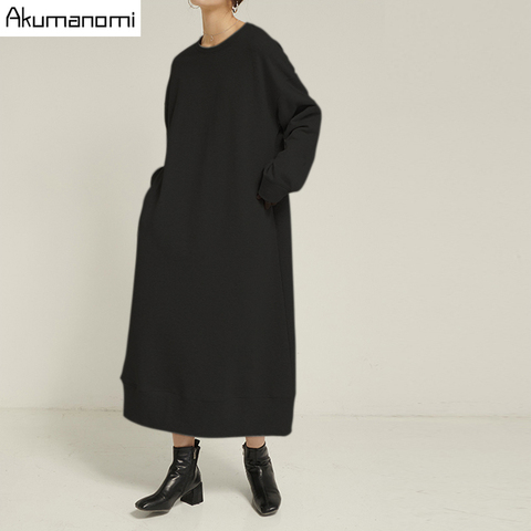 Loose Black Gray Autumn Spring Dress Cotton Plus Size 7xl 6xl 5xl 43xxl Long Sleeve Casual Maxi Dresses For Women With Pockets ► Photo 1/6