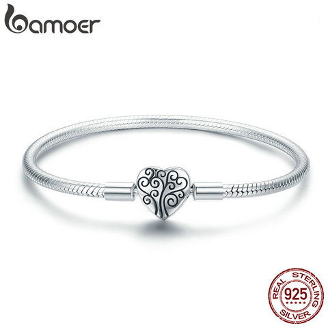 BAMOER 100% 925 Sterling Silver Spring Tree of Life Heart Shape Clasp Snake Chain Bracelet Sterling Silver Jewelry S925 SCB066 ► Photo 1/6