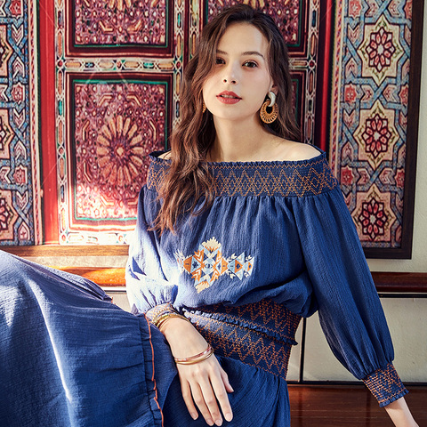 ARTKA 2022 Spring New Women's Blouse Vintage Indie Folk Embroidery Blouse Off Shoulder Top Shirt Skirt Set Long Skirt SA20408C ► Photo 1/6