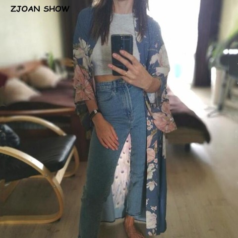 2022 Bohemian V neck Peacock Flower Print Long Kimono Shirt Ethnic New Lacing up Sashes Long Cardigan Loose Blouse Tops femme ► Photo 1/6